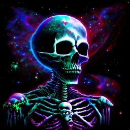 a grim portrait of a young skeleton with blue and red eyes, in the style of dark silver and dark emerald, xbox 360 graphics, black and purple and red, devilcore, gelatinous forms, uhd image, mosscore, extreme cosmic texture, nebulous Oort Cloud, galaxy stars neptune Saturn mercury Jupiter mars moon venus that glow psychedelic galaxstars Fantasy: Fujifilm X-T4 with Fujinon XF 56mm f/1.2 R lens
