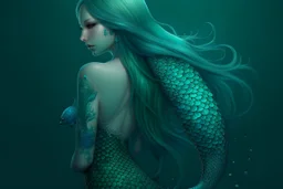 old mermaid, shimmering turquoise tail, tattoo, high resolution, Artstation trends, fine details, 8K