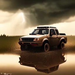 hyperrealistic shot, off-road truck, speeding, earth color palette, sharp focus, puddle reflection, tire water splash, refraction, rain and lightning on the horizon, shadowcast, detailed and intricate, cinematic composition, tilt shift photography