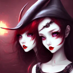 girl, cute, beautiful, white eyes, red lips, black hair with bangs, goth, witch