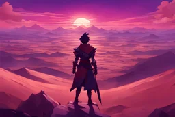 genshin impact character looking into landscape, dessert, red and purple skies, sunset, looking at journey ahead, back view, dark red purple, dessert vibes, wide mountain view, pyramids, video game war character, semi realism, looking out to the field. anime style