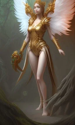 Female angel with beautiful perfect face big wings and golden crown floating above the ground in the dark enviroment, anatomically correct, michelangelo style, detailed, world of warcraft style, dark forest, trees, painting, brush strokes, 8k, dark forest in the background, epic scene, epic painting