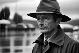 fotografía en blanco y negro, un hombre vestido con abrigo y sombrero de ala ancha, bajo la tormenta, fotografía realizada con cámara Leica y objetivo de 35 mm