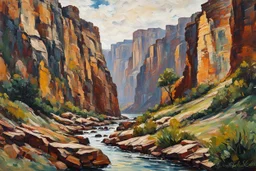 palette knife landscape painting of a lush desert river canyon with towering sandstone cliffs in the Expressionist style of Egon Schiele, Oskar Kokoschka, and Franz Marc, highly detailed in muted natural colors with fine detail outlining and shading