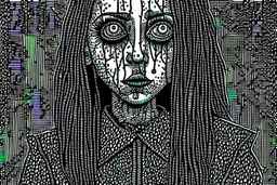 create a disturbing horror full body pen and ink sketch of a dark haired, savage, gothpunk vampire girl with highly detailed , sharply defined hair and facial features, in a dark, otherworldly London in the style of Junji Ito, precisely drawn, inked, with dramatic edges,