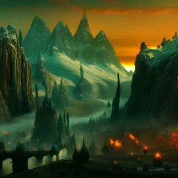 Epic Drawing of mordor scenery with Orcs of The Hobbit estilo Van Gogh 4k