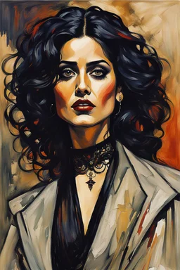 Painting of Salma Hayek as a Goth vampire girl, in the Expressionist style of Egon Schiele, Oskar Kokoschka, and Franz Marc, in muted natural colors