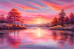 Imagine a tranquil lakeside nestled among rolling hills. The sun is setting, casting a warm glow across the landscape. The sky is a canvas of soft pastel hues - shades of pink, orange, and purple blend together seamlessly. Reflections of the colorful sky dance gently on the calm surface of the water, creating a mesmerizing mirrored effect. Tall trees stand sentinel along the shoreline, their silhouettes outlined against the fading light. A lone boat is moored at the edge of the lake, its gentle