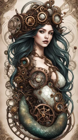 the organic and the mechanical by illustrating a mermaid with intricate, steampunk-inspired mechanical components. Showcase the fusion of the mythical and the industrial in this unconventional character