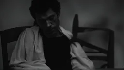 ، يظهر رجل جالس على كرسي في غرفة مظلمة. وجهه غير واضح، لكن يمكن رؤية عينيه مغمضتين. الرجل يرتدي ملابس سوداء،