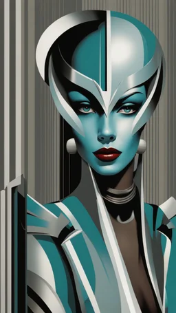 A vintage poster depicting an art deco style alien woman with blue skin, wearing futuristic helmet-like headwear and a thin silver band across her forehead, with vertical stripes of black, white, grey, and teal. The background is a dark brown with a gray gradient at the top, and she has closed eyes with visible eyelashes. Her lips have a subtle red lipstick on them. The poster is in the style of a retro futuristic sci-fi illustration. --ar 19:32 --v 5. 2 -