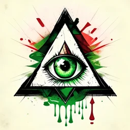 Create a logo of a triangle with an eye in the center illustrated in the style of the cover design of Red Dead Redemption 2, illustration with brushes and with green and white colors