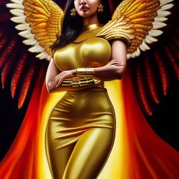 Ultra detailed fullbody Portrait in oil on canvas of busty female phoenix with Gold armor and helmet-Saint seya,extremely detailed digital painting,ultrarealistic skin,intense stare, extremely detailed face, crystal clear eyes, mystical colors ,perfectly centered image, perfect composition, rim light, beautiful lighting,masterpiece ,8k, stunning scene, raytracing, anatomically correct, in the style of Simon Bisley and Ohrai Noriyoshi and robert e howard and Steve Jung and Wizyakuza.