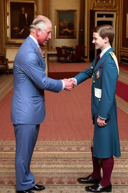 The Prince of Wales in traditional dress shakes hands with a young guest dressed in a blue suit, drawing room of St James's Palace, during a reception
