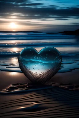 Herz aus Glas, gefüllt mit leuchtendem Sternenstaub schwebend über einem Strand, Sommer