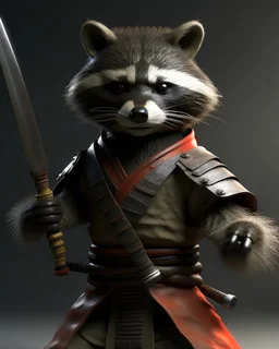 raccoon as a samurai, realistic, 2 katanas