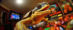 pinhole cam, master oil painting by Rembrandt, good afternoon bitch scary geek gecko dragon turtle, playing pinball