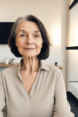 A selfie of a brunette woman, middle short hair taken after massage at spa salon. showing attractive 67-year-old European woman. (She has white skin, tousled black hair, pretty face without makeup, big round brown eyes, cute profiled nose, detailed full lips, skin texture.)