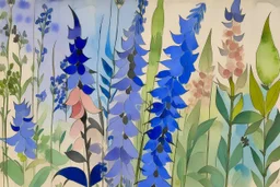 Watercolour of delphiniums in the style of Paul Klee