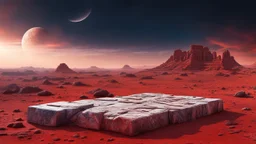 an ancient abstract nonfigurative statue with ancient signals from carved, polished marble blocks lies down on the red Mars planet, background ancient ruins, strange psychedelic sky, cold colors, mystic ancient art, very detailed, cinematic, sharp focus, sci-fi style, utopistic, surreal, psychedelic fantasy