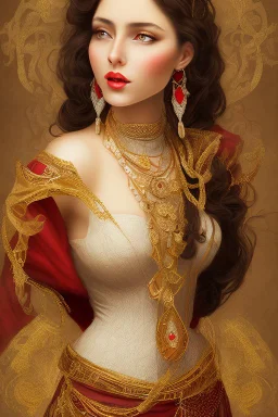 A beautiful Arab woman with white skin, brown hair, long curly hair, red cheeks and lips, wearing an elegant red dress from the Victorian era, wearing a necklace and earring made of green sapphire and gold