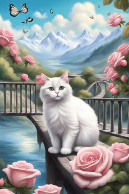 in the center: beautiful fat fluffy black and white cats with green eyes sitting on a bridge, under the brigde flows a small blue river; background: landscape with mountains and white clouds, butterflys flying in the sky; first plan: pink roses;