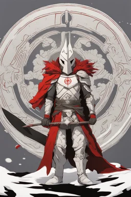 The character, depicted in a striking white armour against a wintry backdrop stands with his hands behind his back inside the scene, he has a red and black circular symbol on his chest like a shield, a black pointed spear with a red handle on his back, His eyes are showing a dynamic expression and he wears a black oni mask with white teeth covering the bottom part of his mouth he has brown shoulder pads and a white karate belt with a bag attached to it. He has dark brown hair. He has no helmet.