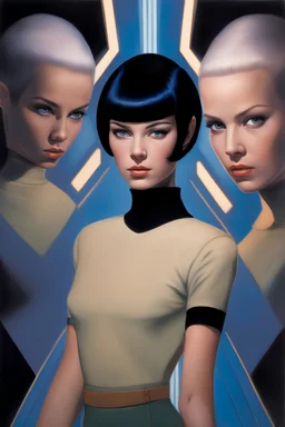 ProtoVision - Absolute reality -- facial portrait -- an absolutely stacked, thin, petite, little female, who resembels Spock, with great big giant bazoombas, short, military-cut, buzz-cut, pixie-cut black hair tapered on the sides, bright blue eyes, wearing short sleeved, nylon, Turtleneck half shirt, blue jean mini shorts, heavy, black fishnet stockings, punk rock styled, platform boots, red lipstick, dark, emo, eye makeup, a black and gray gradated wall with fog in the background