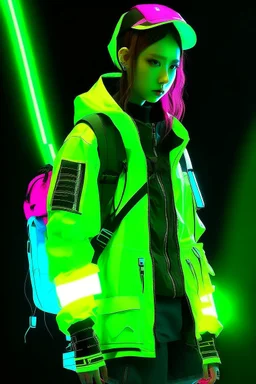 y2k, neon, fluo, cloth transparent, techwear, walkman, pop, blade runner