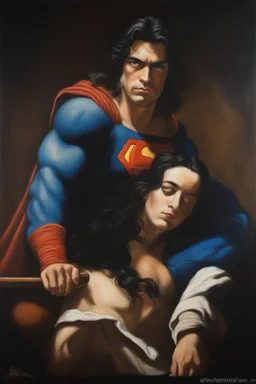 Oil on canvas, chiaroscuro, deep shadows, fairytale, 16th century masterpiece, rich deep colors, highly detailed portrait Superman, long black hair, blue eyes, slight smile, Boris Vallejo, Frank Frazetta, Julie bell, Caravaggio, Rembrandt, Michelangelo, Picasso, Gilbert Stuart, Gerald Brom, Jim Lee, Alex Ross, Dorian Vallejo, Stan Lee Lunar Display, northern lights, glowing, beautiful, Boris Vallejo, Frank Frazetta, Julie bell, Caravaggio, Rembrandt, Michelangelo, Picasso, Gilbert Stuart, Gerald