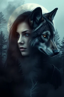 double exposure stunning mystic woman-wolf hybrid portait, forest, moon, smoke, ultra-high detailed, deep dark colors, dark fantasy, intricate detail, cinematic, masterpiece, sharp focus, dark ethereal fantasy, hyperdetailed, atmospheric , dark surreal fantasy