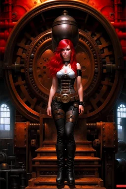 full body and headshot of a skinny young woman, with long straight red hair, standing in a steampunk setting, Frank Franzetta