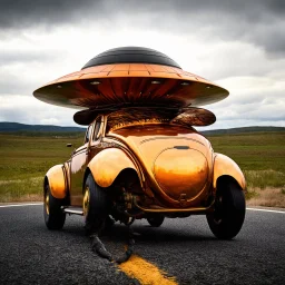 award winning photograph of a steampunk house-fly ufo vwbeetlegenetic-splice designed by only one vehicle per image painted metallic orange traveling at a high rate of speed, jet intake off of front center of vehicle and jet exhaust out the rear bilaterally symetrical, more a high speed road vehicle