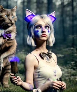 Ultra realistic photo, happy couple, blonde Alice woman and purple cat smoking a pipe + circus blue dress style + black headband with bow + old school body tattoo, smoke, marihuana garden, glow eyes, perfect iris, soft color, highly detailed, unreal engine 5, ray tracing, RTX, lumen lighting, ultra detail, volumetric lighting, high definition.