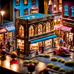 Close-up photograph of a diorama building, city, store, advertising, land-of-toys with detailed vintage toys made of cake-frosting and felt, strong texture, extreme detailed, movie shot, rich moody colors, sparkles, night, nightmare