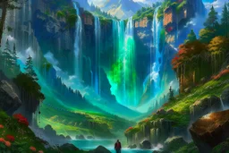 The land of scandinavia, forests, waterfall, travelers on their way, beautiful scenery, 8k, high detail, digital painting, concept art, art by john stephens