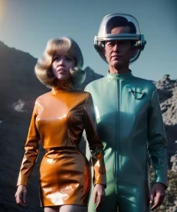 Ultra Realistic retro sci-fi image of 1960, many people looking a sweet teenager Jane Fonda, dress with tight latex coat and retro glass helmet, Retro sci-fi style, soft color, highly detailed, unreal engine 5, ray tracing, RTX, lumen lighting, ultra detail, volumetric lighting, 3d, finely drawn, high definition, high resolution.