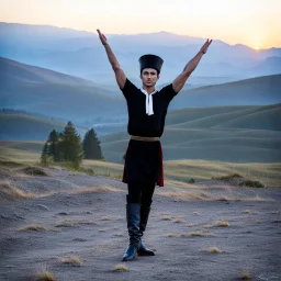 a full body young man in azeri dance clothing ,long boots,folk hat