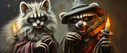 master oil painting with some air brush, fluffy hyena cat priest racoon gremlin realistic and creepy, straight from the lich lab, in the style of Escher and Titian