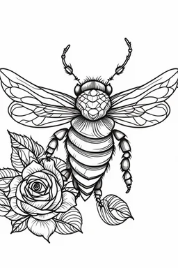 bee with rose idea, line art, background, vector, svg, black outline on white background, leave plenty of white space beetween lines for coloring, tattoo style, tattoo idea,full body, minimalist