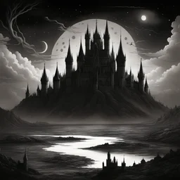 A detailed, black and white digital painting of a desolate, otherworldly landscape. In the center of the image is a colossal, gothic castle, its towers piercing the dark sky. The castle is surrounded by a vast, skull-filled plain, with a river of darkness flowing towards it. The sky is filled with countless stars and planets, and a beam of light shines down from above, illuminating the scene.