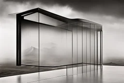 a surreal open glass gate in a glass wall with a view of a desolate landscape, fog, storm, infrared filter, strong contrasts, by artist "Leonora Carrington",by artist "Zaha Hadid""