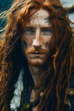 wet pirate nereid male with freckles and seaweed decorations in long auburn hair