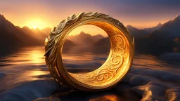 digital art, Dragon ring with intricate design, luminescent, glowing, burning with fire magic, water, intricately detailed, Middle Earth, Mountain at sunset, in golden rays, grandiose design, volumetric lighting, strong rim light, radiant light, refraction