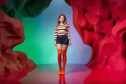 beautiful full body with long boots lady in surreal stage made of fractal random size polygonal recursive 3d objects with strip random colors in clothing similar to environment full body posing to camera