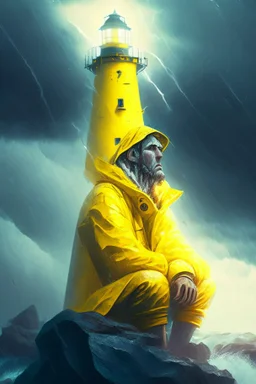 portrait of dead seafarers face sitting in yellow raincoat on rocks beneath an unreal bright white lighthouse, storm clouds, volumetric fog, lightening, volumetric light,depth of field, fantasy art, 4k, highly detailed, sunbeam