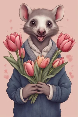Hissing possum with wearing cardigan holding a bouquet of tulips cute art