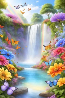 fantastic,Beautiful garden, flowers,rainbows, cascades arc en ciel, papillons colorés