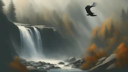 To the left of the bird, a waterfall cascades down the rocky face of the mountain, its misty veil rising into the air like an ethereal mist. The sound of the water is soothing, a gentle melody that harmonizes with the rustling of leaves and the soft, mournful cries of the vulture.