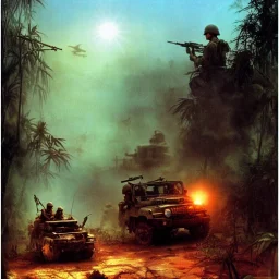 vietnam war. war report. jeep in jungle. poster. bokeh. lens flare. warm lights. high detailed. beksinski